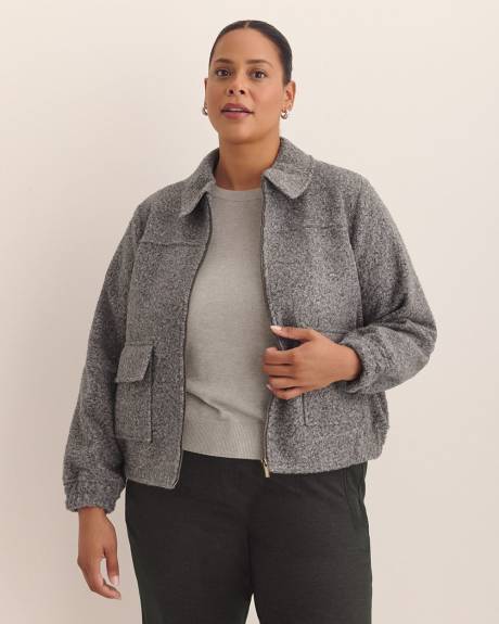 Short Grey Bouclé Bomber Jacket
