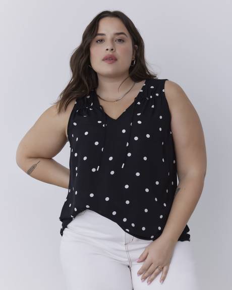 Blouse tunique sans manches à encolure en V, motif à pois, tissu responsable