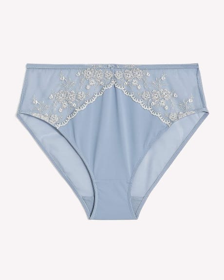 Blue High-Cut Brief with Lace Embroidery and Mesh Back - Déesse Collection