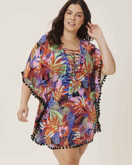 Robe caftan cache-maillot en chiffon, motif tropical - Bleu Rod Beattie
