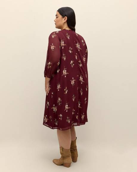 Floral A-Line Dress with 3/4 Sleeves