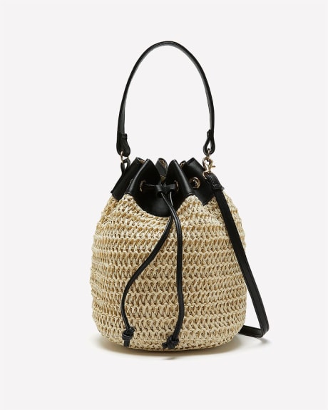 Straw Bucket Bag with Faux Leather Trim