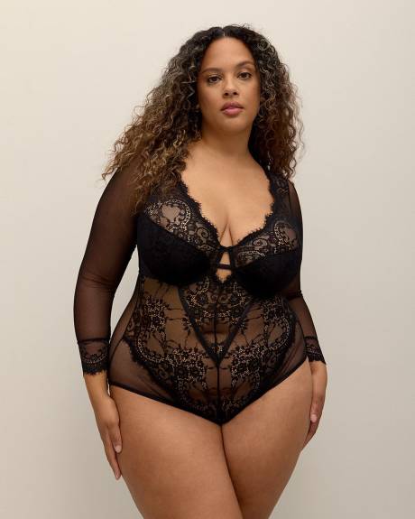 Sexy Underwire Black Lace Long-Sleeve Bodysuit - Déesse Collection