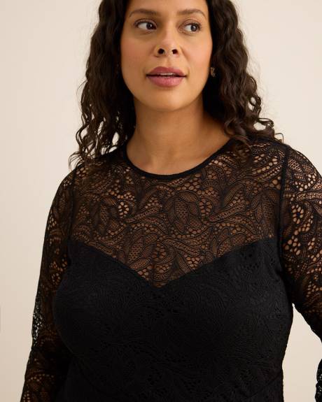 Fit and Flare Long-Sleeve Knit Lace Dress