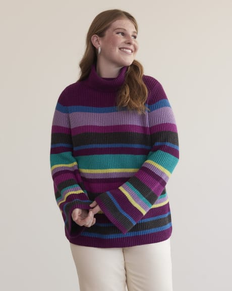 Stripe Turtleneck Sweater with Long Bell Sleeves