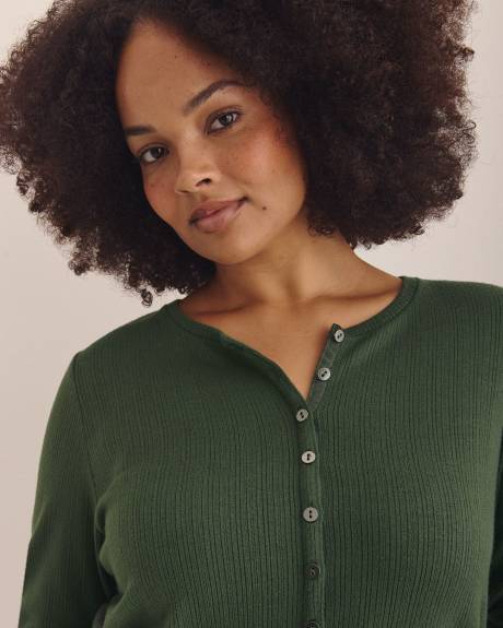 Long-Sleeve Pointelle Ribbed Knit Henley Top