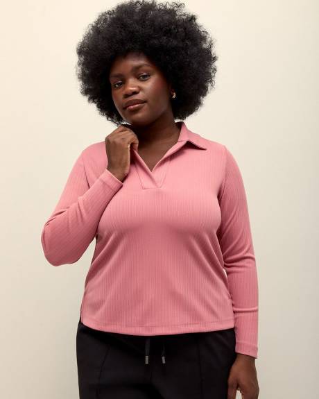 Ribbed Long-Sleeve Polo Knit Top - Addition Elle