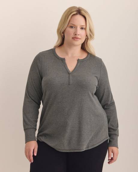 Long-Sleeve Split-Neck Waffle Knit Top