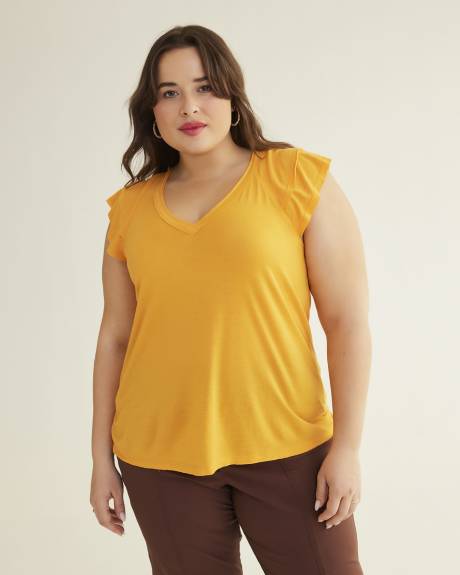 V-Neck Knit Top with Double Flutter Sleeve