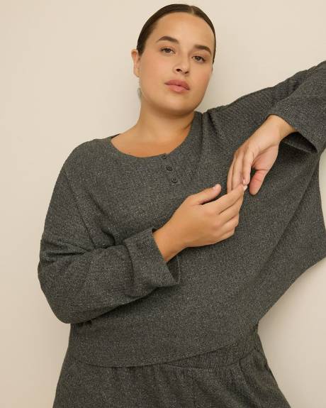 Long-Sleeve Crop Waffle Knit Pyjama Top with Placket - ti Voglio