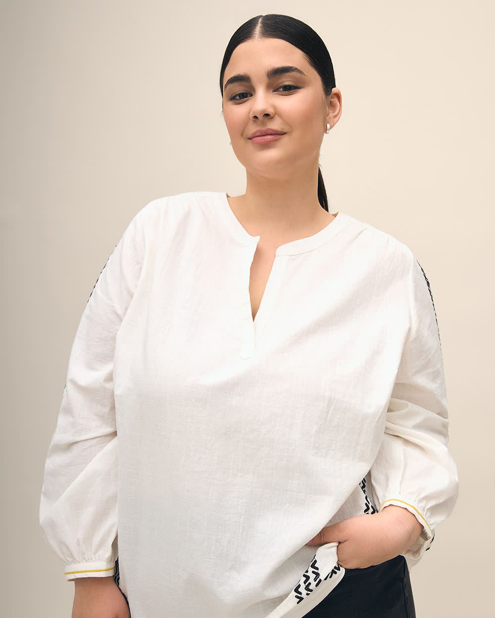 Long-Sleeve Split-Neck Blouse with Embroidery Detail