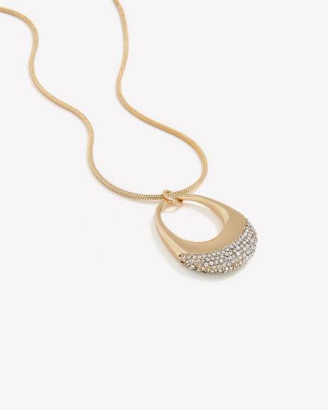 Long Golden Necklace with Rhinestone Pendant Ring