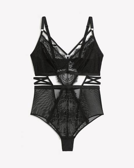 Underwire Bodysuit with Scalloped Lace and Fishnet Mesh - Déesse Collection