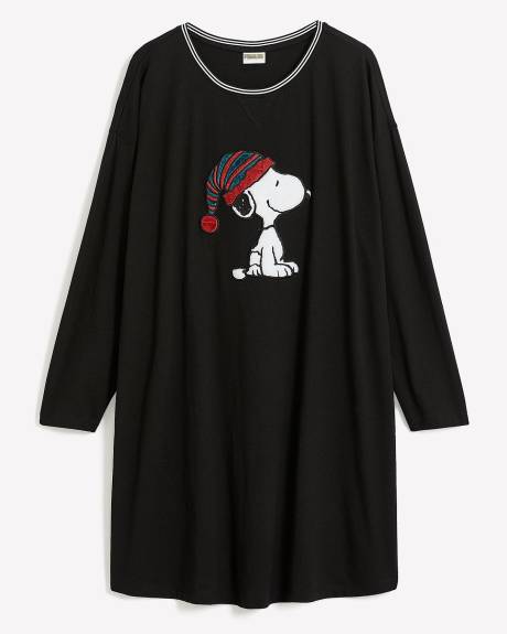 Long-Sleeve Ribbed Nightgown with Snoopy Print - ti Voglio