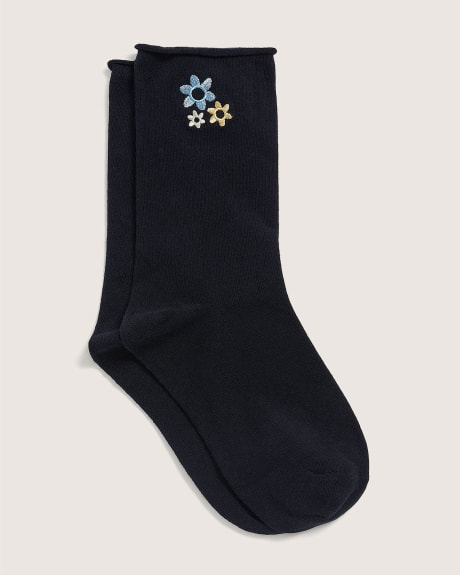 Crew Socks, Flower Embroidery