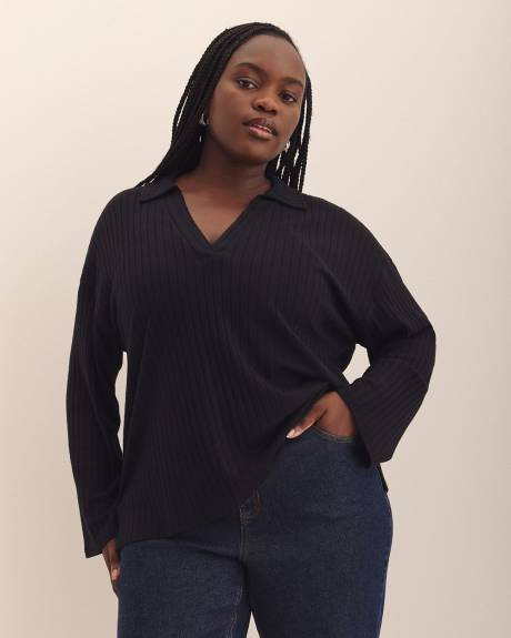 Ribbed Polo Knit Top