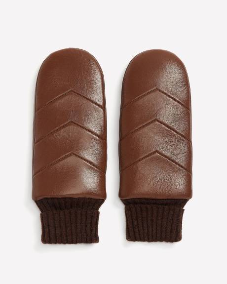 Brown Leather V-Stitch Quilted Mittens with Ribbed Cuffs