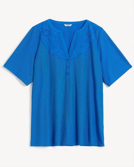 Knit Top with Embroidered Split Neckline