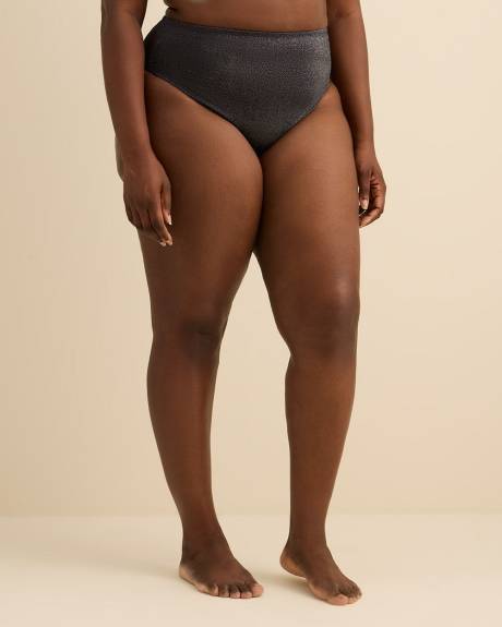 Culotte de bikini noire scintillante taille haute, coupe cheeky