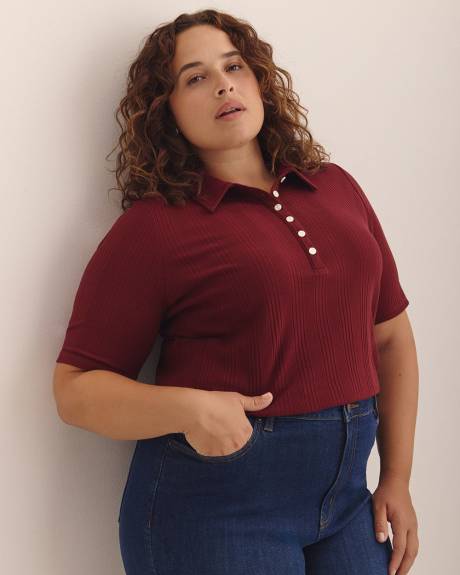 Ribbed Elbow-Sleeve Polo Knit Top