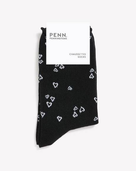 Black Crew Socks with Heart Outline Print