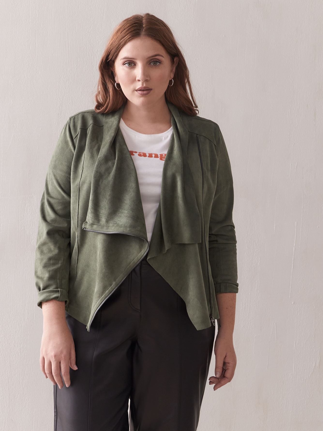 drape front faux suede jacket