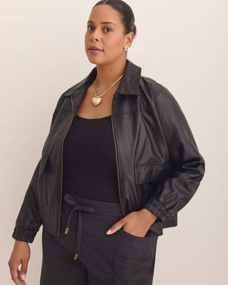 Short Faux Leather Bomber Jacket