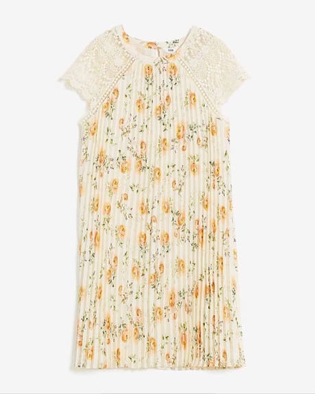 Responsible, Pleated Swing Dress with Crochet Sleeves