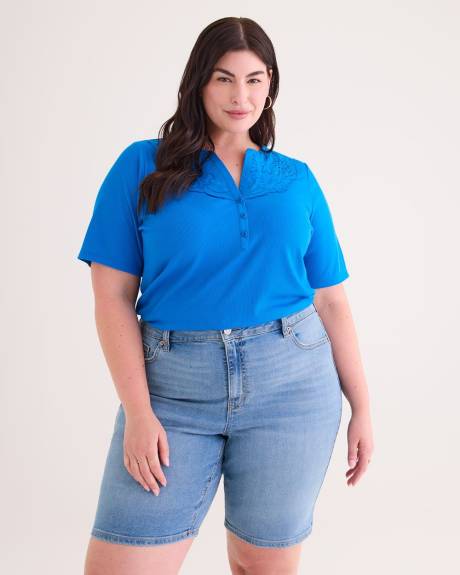 Knit Top with Embroidered Split Neckline