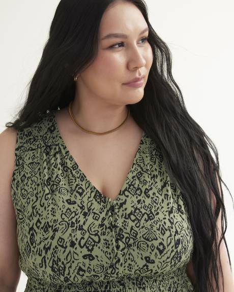 Robe imprimée sans manches avec taille élastique à smocks