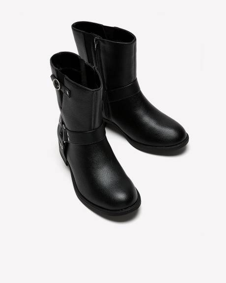 Bottillon de moto noir avec bride en Y, pied très large