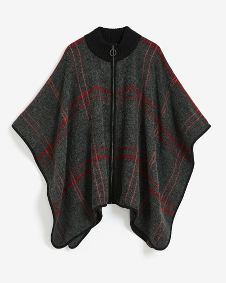 Zip-Front Plaid Cape with Ribbed Collar | Penningtons