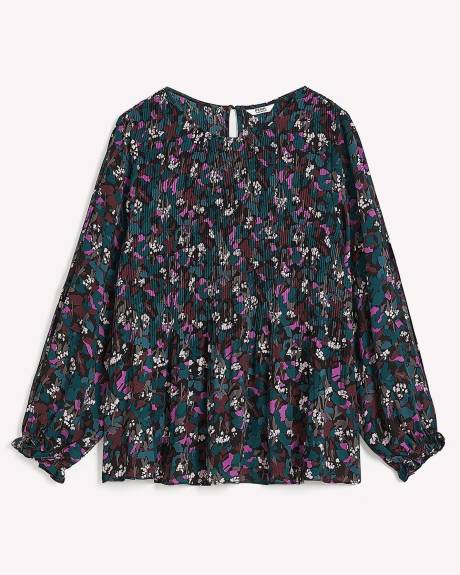 Blouse plissée noire fleurie, coupe trapèze, tissu responsable