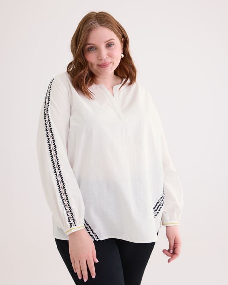 Long-Sleeve Split-Neck Blouse with Embroidery Detail