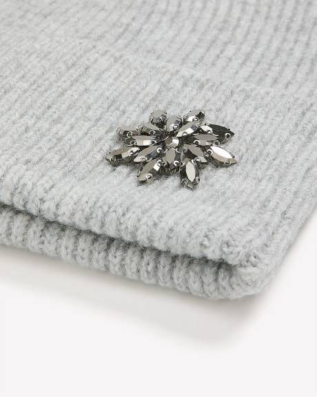 Grey Ribbed Knit Beanie with Jewel Stone Flower