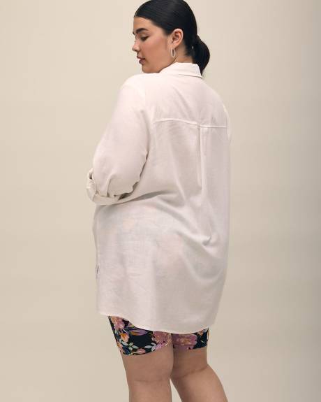 Solid Linen Blend Tunic with Rolled-Up Sleeves and Buttons