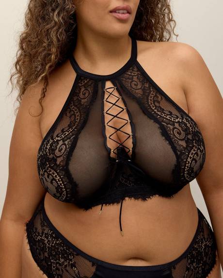 Sexy Black Halter Bra with Laced-Up Details - Déesse Collection