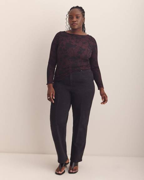 Boat-Neck Knit Top with Lettuce-Edge Sleeves - Addition Elle