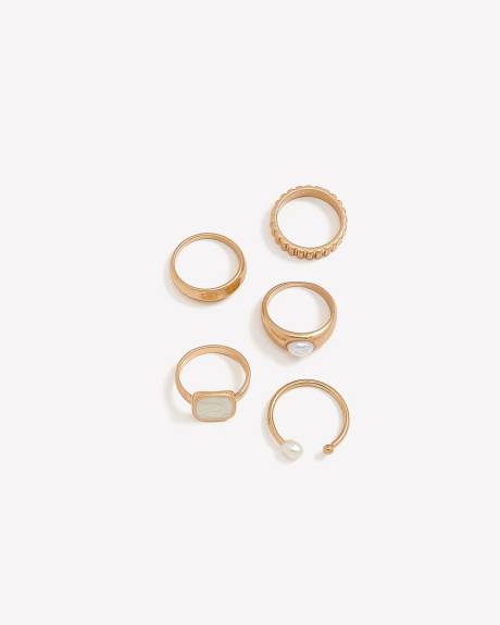 Assorted Golden Rings with Pearl and Square Stone, Set of 5
