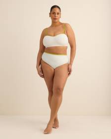 White High-Waisted Textured Swim Brief with Contrast Binding
