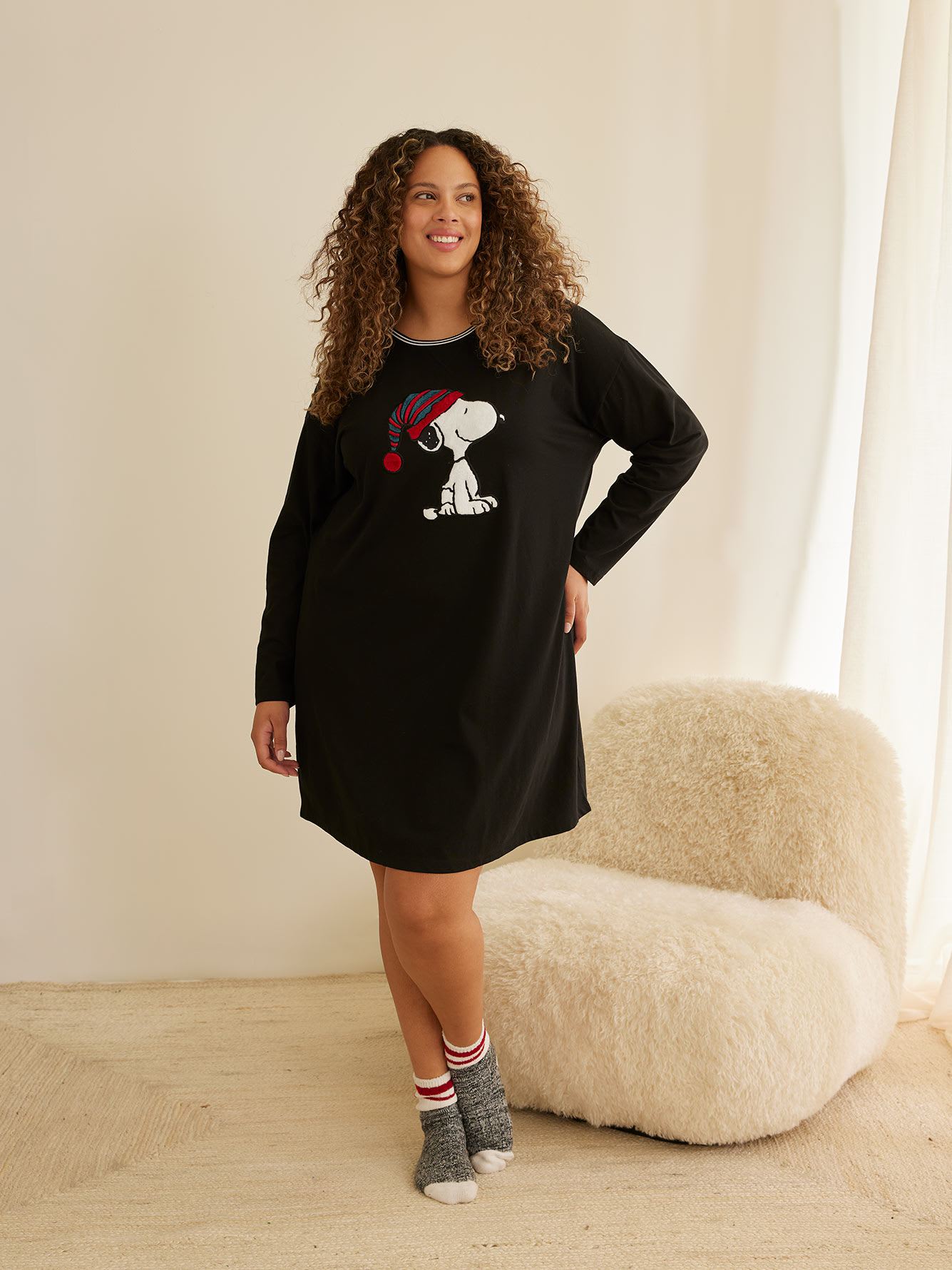 Long-Sleeve Ribbed Nightgown with Snoopy Print - ti Voglio