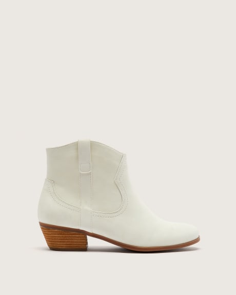 Extra Wide Width, White Bootie with Raw Leather Stack Heel