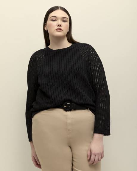 Long-Sleeve Crewneck Crochet Knit Top