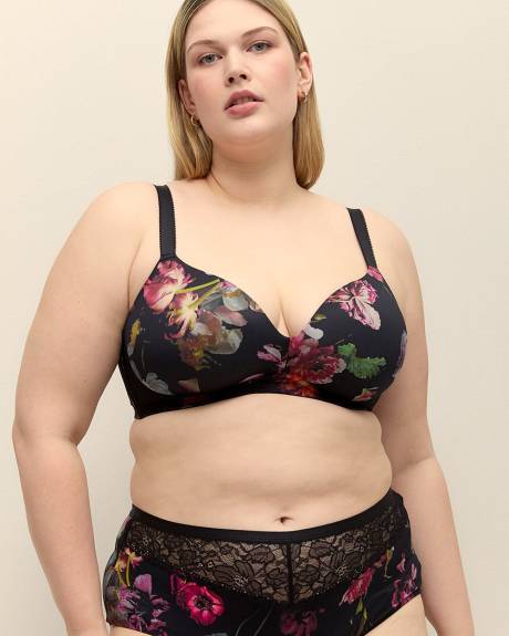 Wireless Floral Plunge Bra with Lace Trims - Déesse Collection