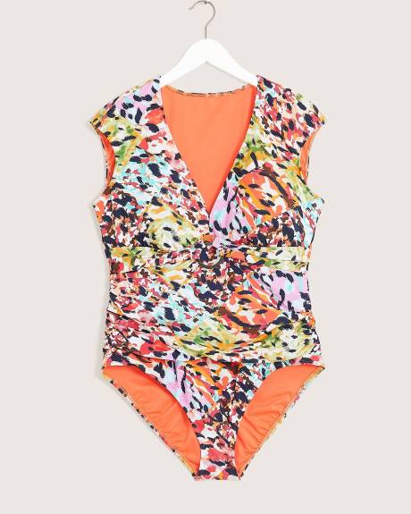 Printed Cap-Sleeve One-Piece Swimsuit - Bleu Rod Beattie