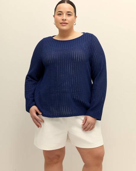 Long-Sleeve Crewneck Crochet Knit Top