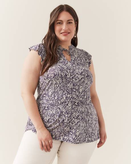 Responsible, Printed Flutter Sleeve Tunic with Smocked Neckline