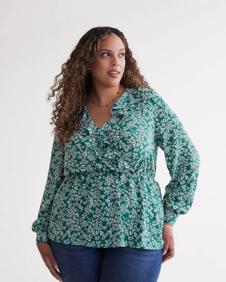 Floral Ruffled Faux-Wrap Blouse