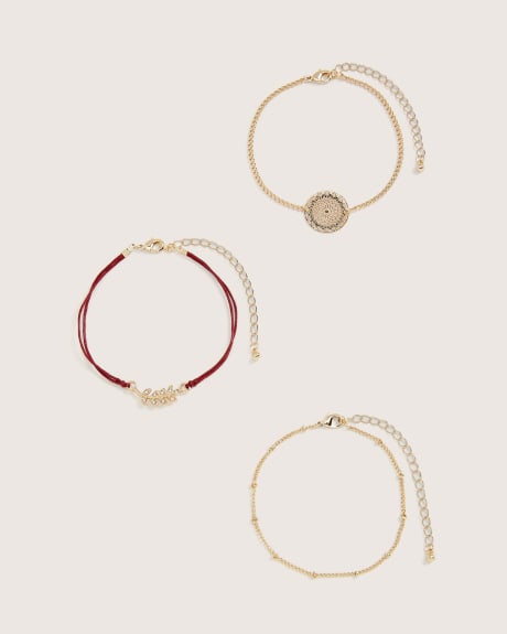 Golden Bracelets with Red Cord, Set of 3