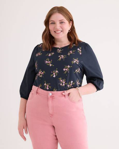Crew-Neck Knit Top with Puffy-Sleeves